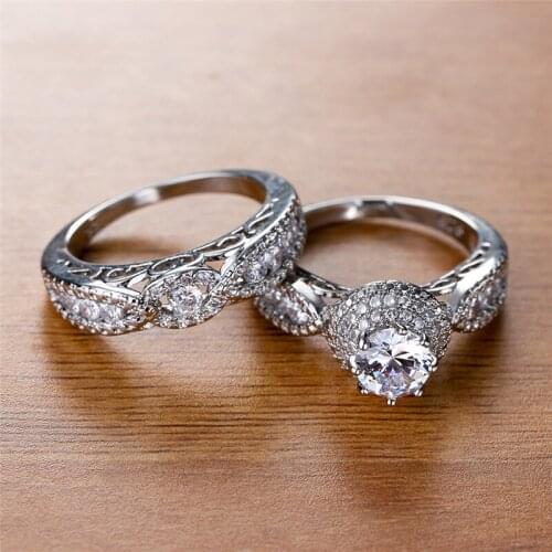 Vintage Silver Color Engagement Ring Set Dainty White Zircon Ring Luxury Crystal Stone Double Rings For Women Wedding Jewelry