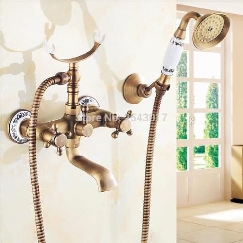 Royal Style Antique Brass Shower Faucet Wall Mounted Ceramic Hand Shower Luxury Rainfall Shower Mixer with Swivel Spout ZR016