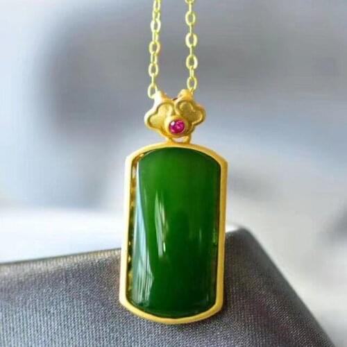 Natural Hetian Jade Green Jade Pendant Silver Womens Gold Jade Necklace Give People Gifts for Moms Clavicle Chain Han Chinese C