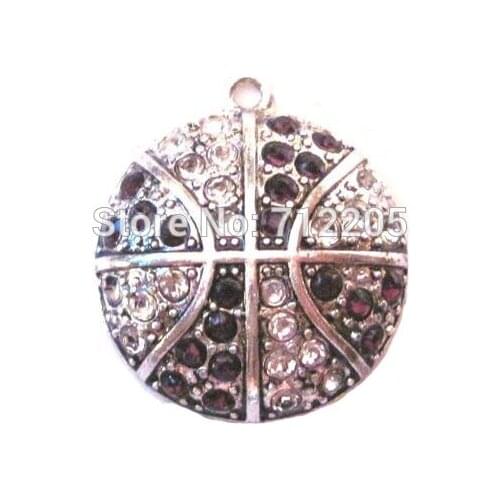 New Arrival 50pcs antique silver color Basketball Purple and Clear crystal sports Pendant(P100012)