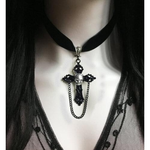 Cross Skull Choker Necklace, Gothic Victorian Black Cameo