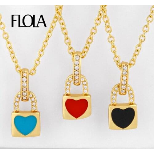 FLOLA Gold Filled Lock Pendants Necklaces For Women Crystal Heart Necklaces Cubic Zirconia Trendy Statement Jewelry Gifts nkeq58