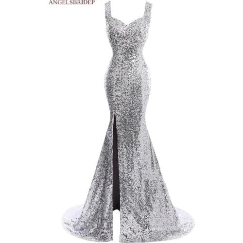 Sparkly Sequin Silver Mermaid Prom Dress Vestido De Festa Sexy See-Through Back Side Split Court Train Formal Evening Party Gown