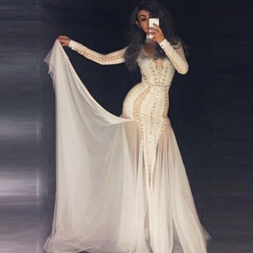 Sexy Women Celebrity Party Glitter Crystals White Dress Female Dancer Singer Show Time Stage Wear Maxi Floor Length Dresses