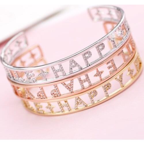 Rose Gold Silver Hollow Crystal Letters Happy Bracelets Circle Copper Bangle Women Wristbands Contracted Jewelry Dropshipping