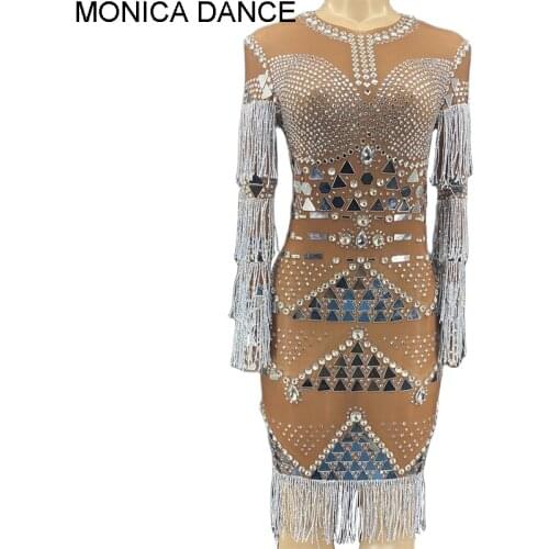 Sexy Sparkly Silver Mirrors Rhinestones Fringes Sleeve Dress Dance Costume Nightclub Party Dress Prom Birthday Celebrate Dress