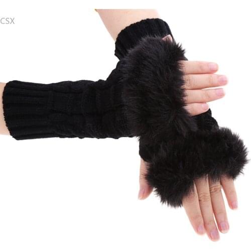 MwOiiOwM Warm Winter Gloves Faux Fur Women Gloves Knitted Patchwork Wrist Gloves Half Finger Knitted Christmas Gloves Brand 62