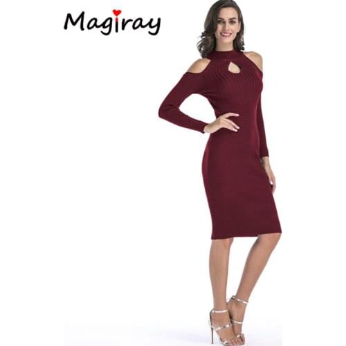 Magiray Knitted Cold Shoulder Midi Dress Women Long Sleeve Autumn Winter sexy Bodycon Sheath Solid Cut Out Keyhole Dress 4491