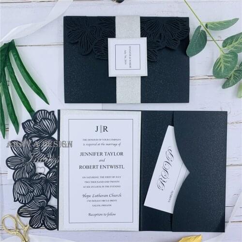 Gorgeous Black And Silver Tri-fold Laser Cut Wedding Invitation With Personalized Belly Band