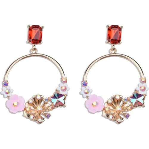 Vintage Simple Luxury Flowers Geometric Circle Drop Earrings Women Korean Fashion Big Earrings Statement Long ZA Earring Jewelry