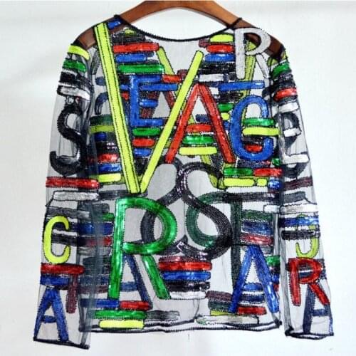 Womens Fashion Letter Beading Sequins Tops Long Sleeve Perspective Mesh Lace Blouse for Women