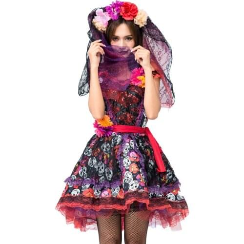 Woman Rose Skull Printed Dresses and Headdress Set Ghost Bride Cos Mexico Death Day Carnival Dresses Halloween Cosplay Costumes
