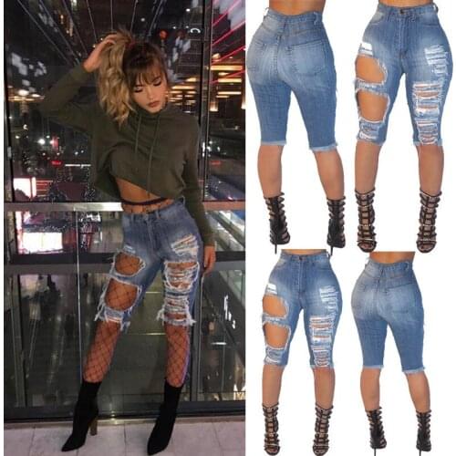 Women Hole Destroyed Ripped Distressed Slim Denim Pants Blue Color Shinny New Hot Fashion Jeans