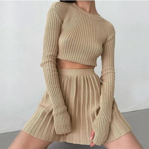 Suit With Skirt For Women Knitted Solid 2021 Trend Female Matching Set Slim Long Sleeve Crop Pullover And Mini Pleated Skirt New