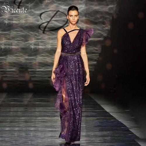 VC Purple Dress For Women Sequined Ruffled One-shoulder Fashion Asymmetrical Short-sleeved Long Catwalk Dress