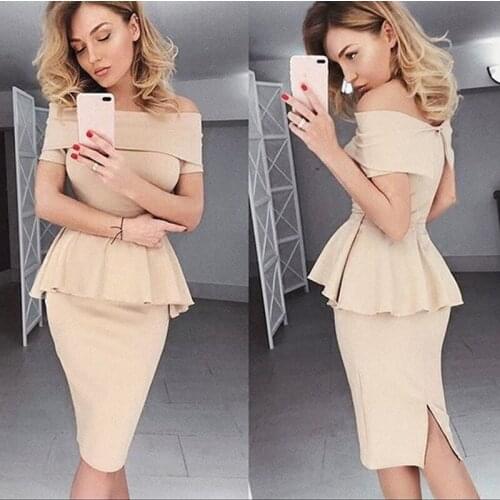 Women Dress Elegant Sexy Slash Neck Package Hip Ruffles Dress Fromal OL Office Work Sheath Solid Dresses Vestidos Plus Size