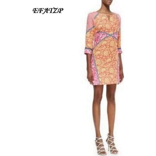 2015 Spring Designer Dress European Half Sleeves Colourful Geometric Printed Cutout Plus Size XXL Straight Sheath Dress