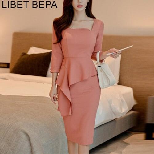 2021 New Autumn Women Dress Vintage Elegant Sashes Split Skinny Ruffles Square Collar Package Hip High Waist Dress DR780