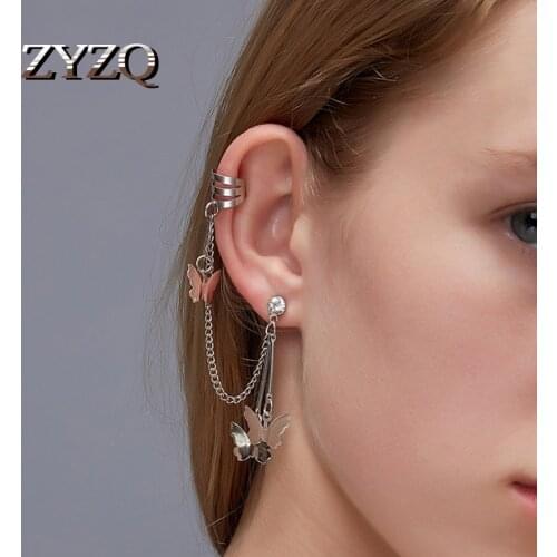 ZYZQ 1pc Long Tassel Butterfly Earrings for Women Leaf Clip Earring Hook Alloy Fake Piercing Helix Piercing Ear Cuff Earrings