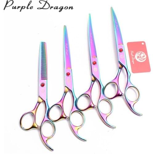 7" 440C Purple Dragon Colorful Crooming Scissors Kit Straight Scissors Thinning Shears Up&Down Curved Shears Pet Scissors Z3003