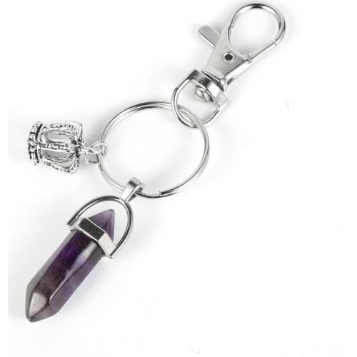 Real Raw Pink Purple Gem Crystal Pendant Keychain Hexagonal Bullet Reiki Chakra Natural Stone Car Key Chain Holder