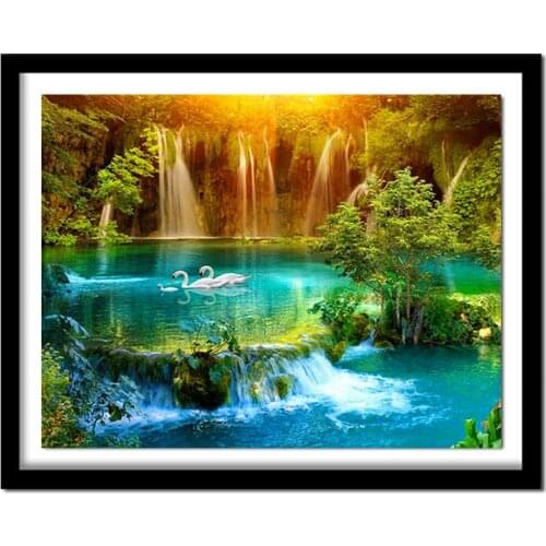 Diy Diamond Painting Cross Stitch waterfall swan Needlework handmade 5D round Diamond Embroidery Full Diamond landscape