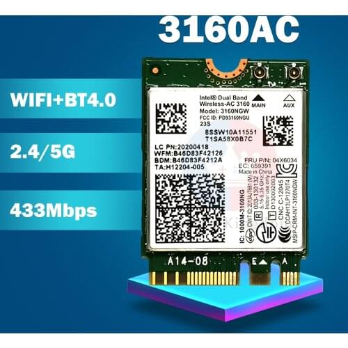 Dual Band Wireless-AC 3160NGW 3160AC 3160NGWAC NGFF 433M+BT4.0 Wireless Card FRU:04X6034 for IBM Y40 Y50 E10-30 E455 E555