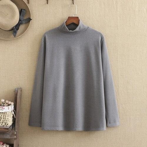 Plus Size T-Shirt For Women Stand-Up Collar Solid Color Cotton Woven Fabric Large Size Long Sleeve Casual Tops In Autumn Winter