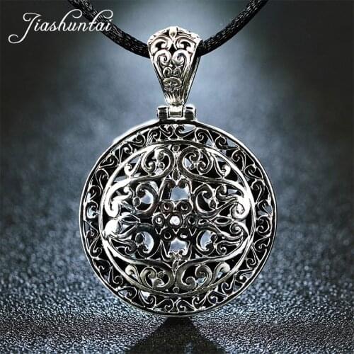 JIASHUNTAI Retro 925 Silver Sterling Big Pendant Necklace Round Hollow Carved Large Medal Silver Jewelry For Women and Men