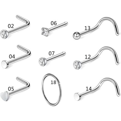 5/9/21pcs Surgical Steel Heart Star Zircon Nose Screw Ring L Rose Gold Nose Stud Retainer Holder Piercing Body Jewelry