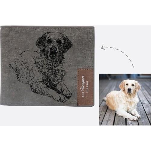 Custom Pet Cat Dog Photo Wallet for Men Grey Fabric Male Purse Engrave Name Personalized Short Wallets Christmas Gift Husband