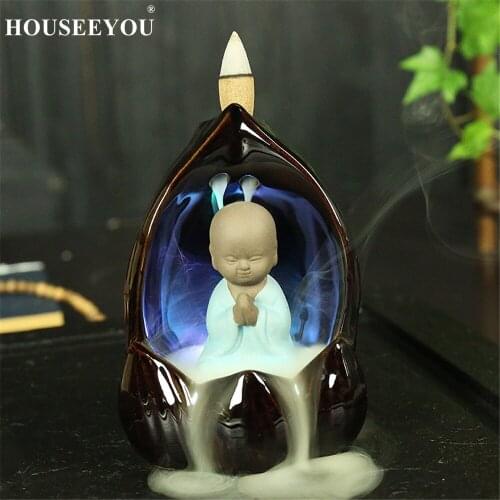 Creative Monk And Buddha Backflow Incense Cones Burner Incense Ceramic Led Color Changing Censer Use In Home Decoration Teahouse