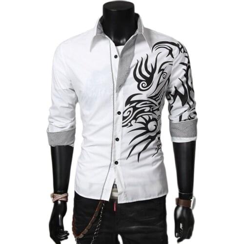 COLDKER Fashion Casual Chinese Style Dragon Print Long-sleeves Shirt Mens Social Business Slim-fit Lapel Shirt male