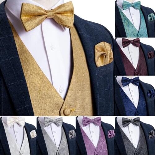Mens Vest Gold Solid Silk Wedding Vest For Men Bowtie Hanky Cufflink Cravat Set for Suit Tuxedo DiBanGu New Designer