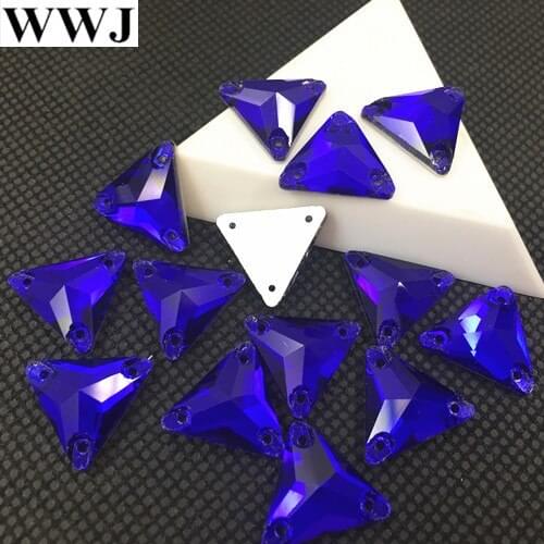 New 30Pcs 16mm Cobalt Color Triangle Shape Glass Sew On Stone Flatback 3 Holes Sewing Rhinestones Jewelry Beads