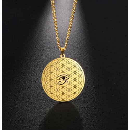 Stainless Steel Eye of Horus Flower of Life Talisman Pendant Necklace Wedjat Evil Eye Amulet Fashion Chain Jewelry for Men Women