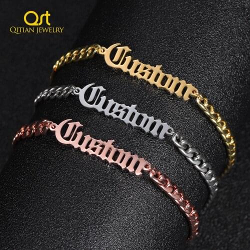 Personalized Name Bracelet Stainless Steel Curb Chain Custom Old English Bracelet&Bangle Handmade Men Jewelry For Women Gifts