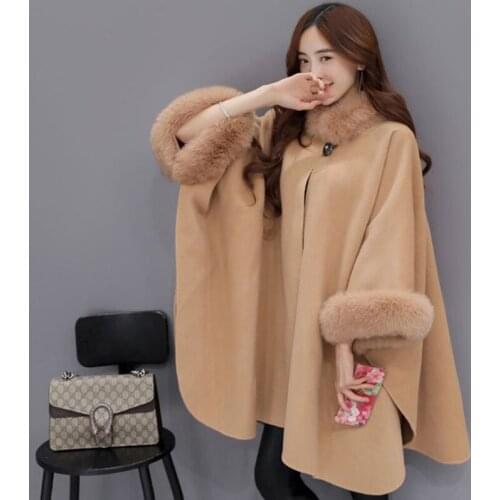 New Elegant Women Cloak Shawl Jacket Plus Size Fashion Women Fox Fur Collar Long Wool Coat Female Winter Outwear