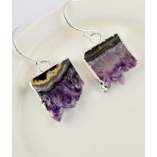 BOROSA Natural Amethysts Slice Drop Earring Fashion Raw Purple Crystal Druzy Earrings Statement Earrings for Women WX1355