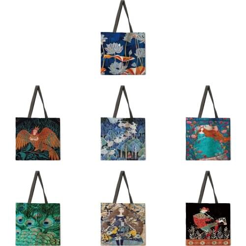 Cold Mountain Animal Tote Bag Shoulder Bag Linen Fabric Casual Tote Bag Foldable Shopping Bag Reusable Beach Bag