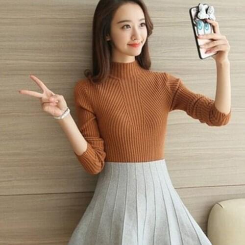 Sweater Womens Korean Style Slim Long-sleeved Stretch Basis Pullover Half Figh Neck Thin Top Knit Weater Autumn Winter 2021 New