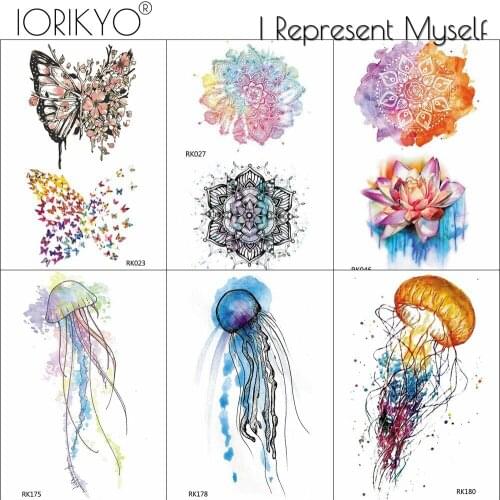 IORIKYO Watercolor Butterfly Birds Tattoo Stickers Women Fashion Henna Flower Temporary Tattoo Girls Arm Jellyfish Fake Tatoos