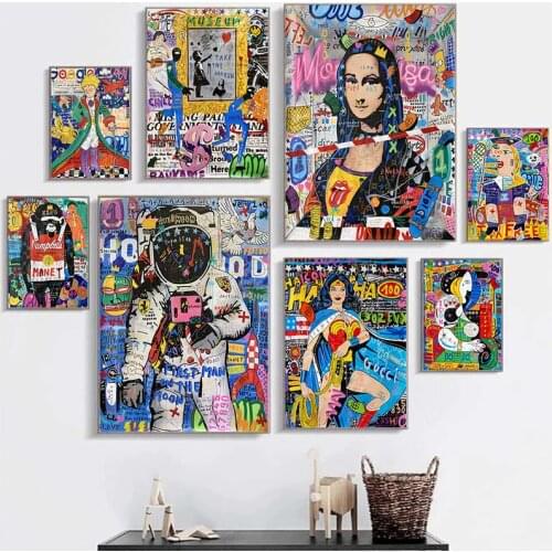 Street Wall Art Graffiti Mona Lisa Little Prince Canvas Painting Abstract Poster Bedroom Living Room Wall Decoration(No Frame)