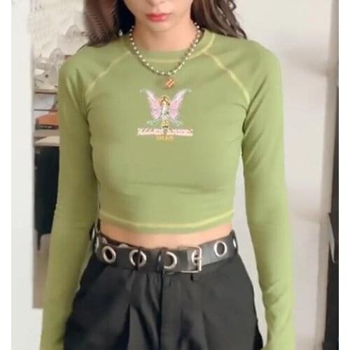 Y2K Cute Cartoon Graphic and Letter Print Green Tops E-girl Style Slim O-neck Long Sleeve Crop T-shirts TOP tshirt clothes shirt
