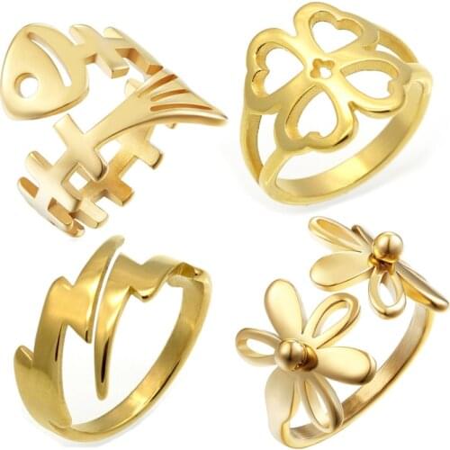 New Stainless Steel Lightning Clover Fishbone Daisy Ring Gold Women Hollow Daisy Flower Fish Bone Rings Hot Jewelry Size 6 7 8 9