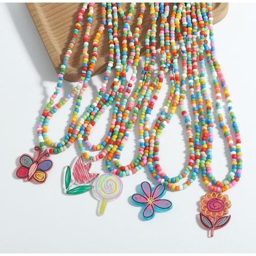 Rainbow Multicolor Seed Beads Pendant Necklace For Women Simple Sweet Girls Necklace Heart Lollipop Flower Charms Necklace