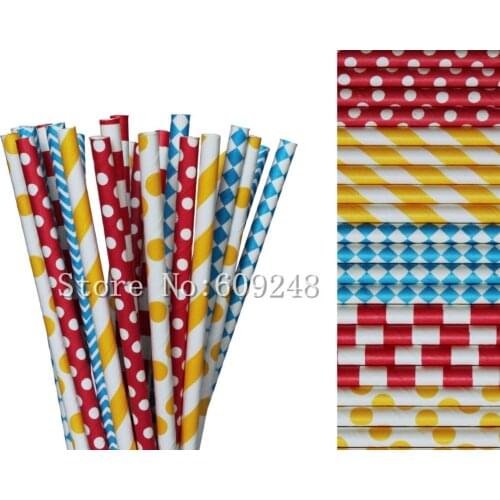 125pcs Circus Drinking Paper Straws Mix,Red Sailor Stripe and Dot,Yellow Polka Dot and Striped,Blue Diamond,Carnival Party Decor