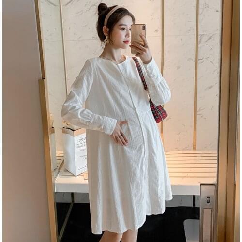 2021 Spring White Cotton Maternity Long Blouses Large Size Loose Casual Dress Clothes for Pregnant Women Chic Pregnancy