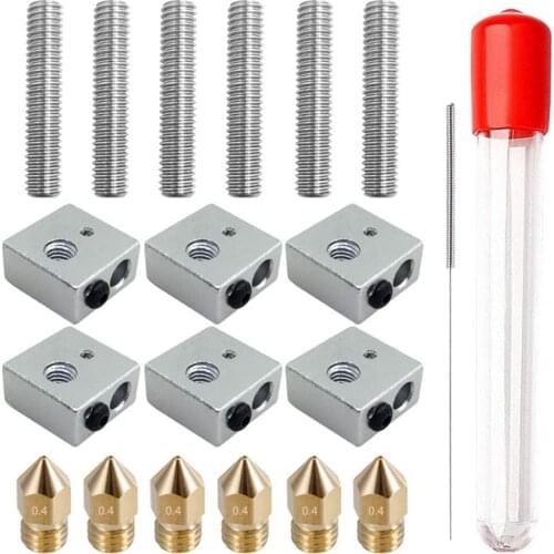 3D Printer 0.4mm MK8 Stainless Steel Extruder Nozzle Print M6 Head & 1.75mm 30mm Length PTFE Throat Tube & Heater Blocks Hotend