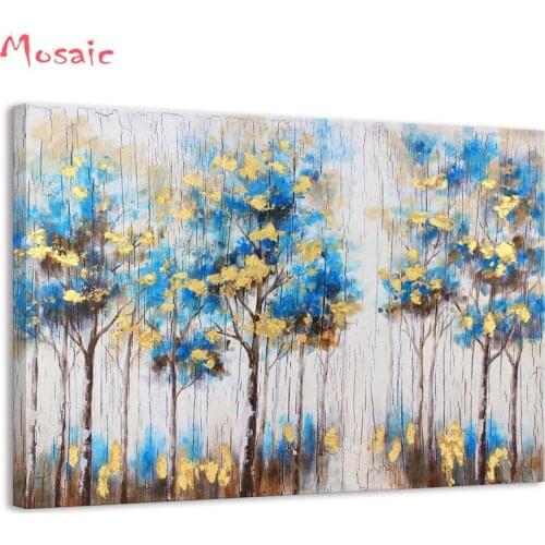 Abstract Blooming Gold and Blue Flower tree Diamond painting cross stitch kits full square Diamond embroidery mosaic Wall Decor